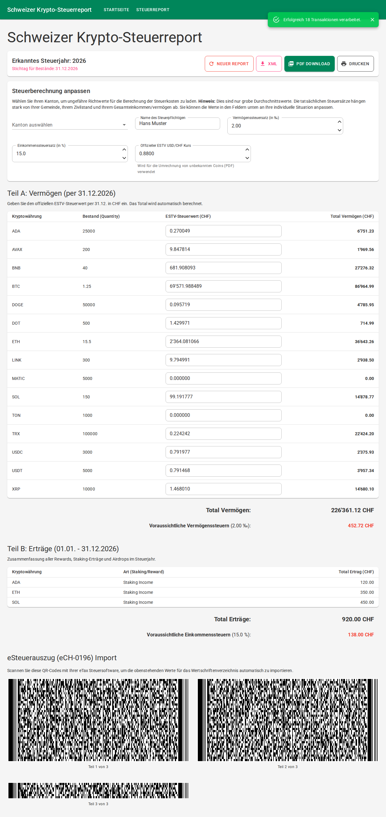 Beispiel Report nach Import eines coinbase.csv Auszuges